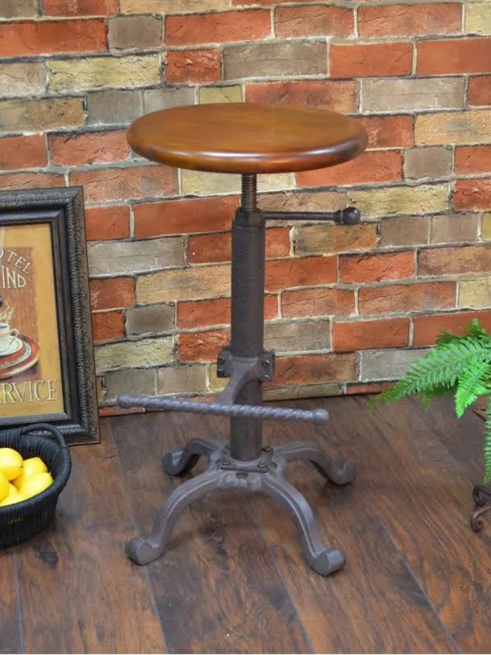 Adjustable Industrial Dining Stool with Brown Wooden Seat. 3 stools $75@